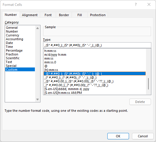 Number format code in a cell format dialog