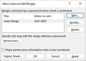 A dialogue to specify range of cells that can be edited by entering a password.