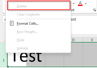 Context dialog with grayed out option for row deletion.