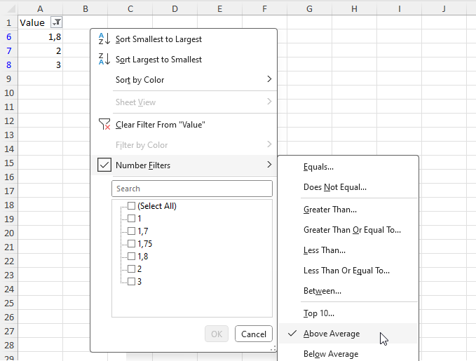 The image showing the result of the sample in Excel along with filter settings.