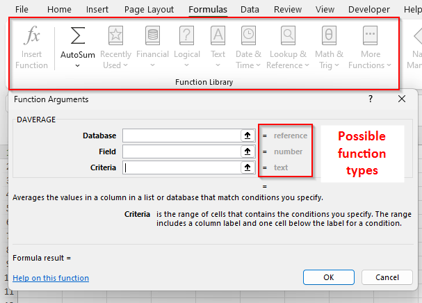 An Excel screenshot dispalying the function library.