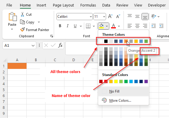 The output of the code sample, a workbook with a cell filled with a theme color.