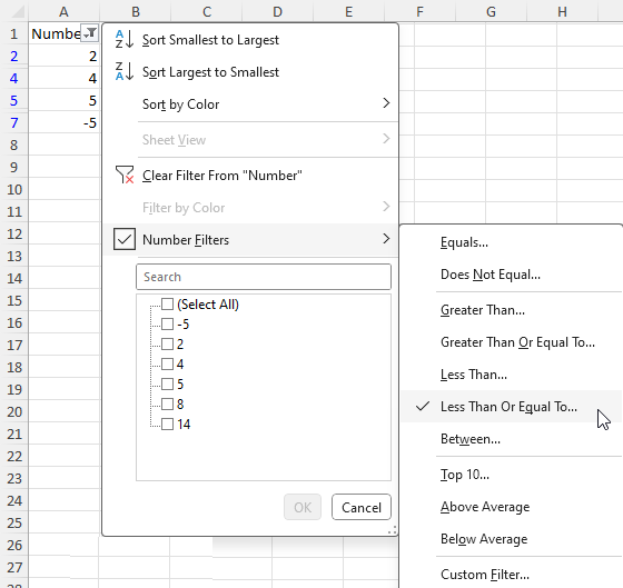 The image showing the result of the sample in Excel along with filter settings.