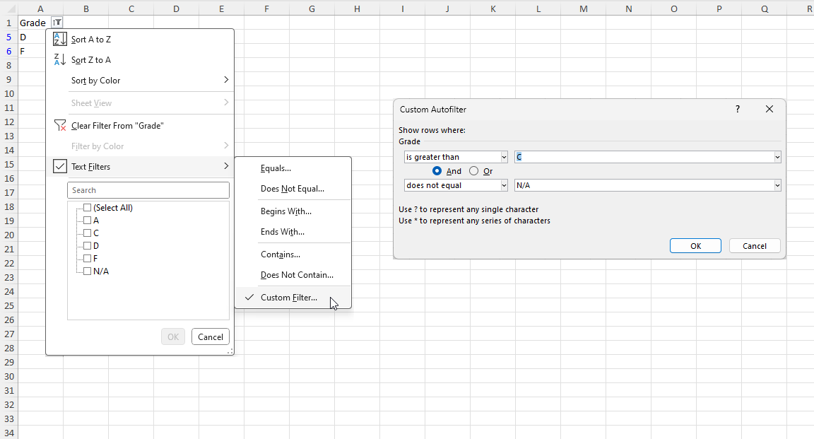 The image showing the result of the sample in Excel along with filter settings.