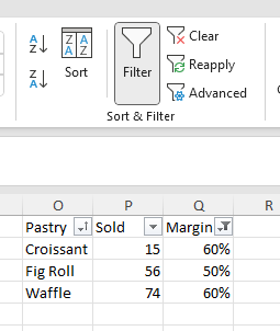 A button in Excel displaying autofilter