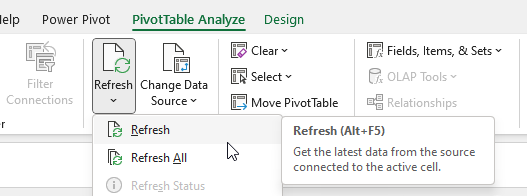 A button in Excel ribbon menu that refreshes pivot table cached data.