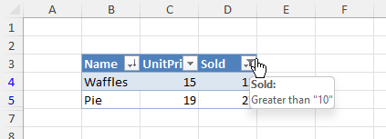 Excel displaying the result from the sample.