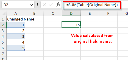 Excel that displays a correctly calculated value through a formula with original name.