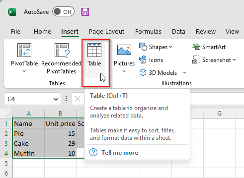 A button in Excel ribbon menu to convert selected range to a table.