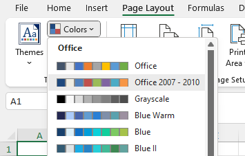 The theme color scheme dialog in Excel.