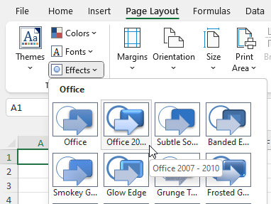 The theme effects dialog in Excel.