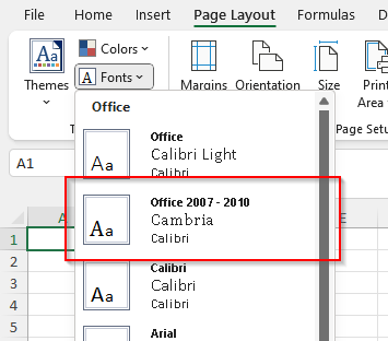 The theme font scheme dialog in Excel.